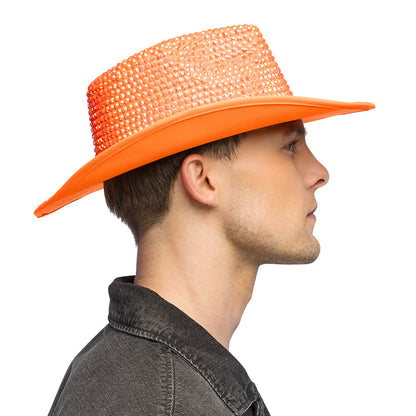 Chapeau Cowboy Paillettes Orange Fluo UV Blacklight