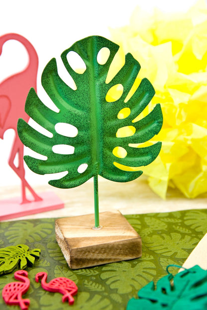 1 Feuille tropicale en métal sur socle en bois verte 15 cm