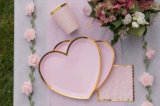 10 Assiettes carton c?ur rose et or 22,5 x 20 cm