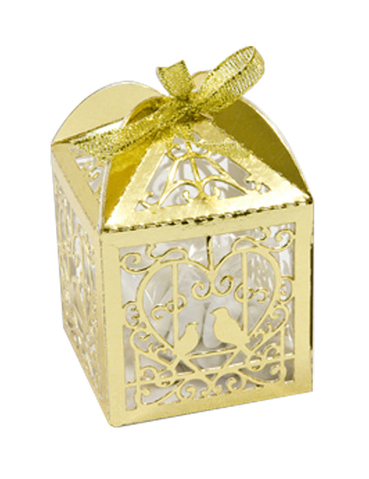 10 Boîtes en carton coeur et colombes doré métallisé 5 x 7,5 cm