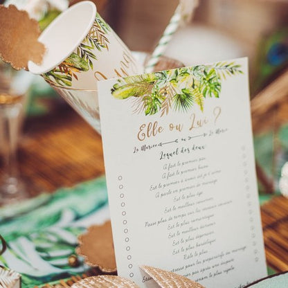 10 Cartes de jeu elle ou lui tropical ivoire avec dorure 14 x 20 cm