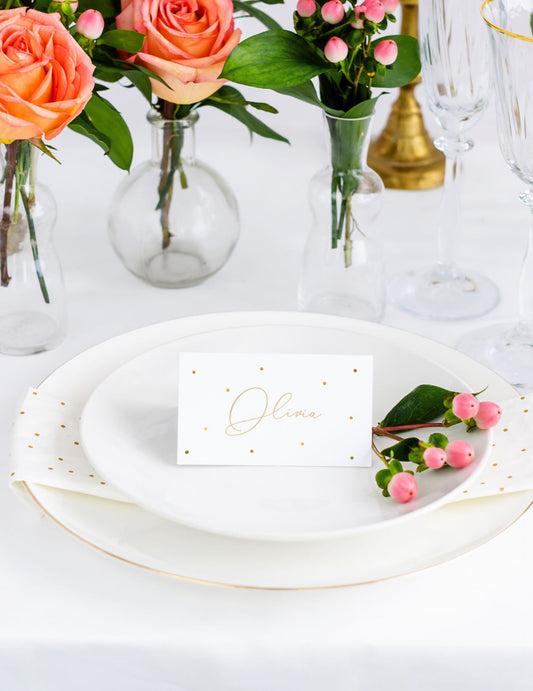 10 Marque-places en carton blanc à pois dorés 9,5 x 5,5 cm