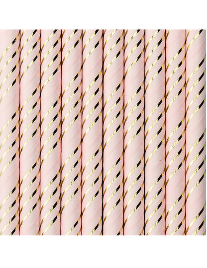 10 Pailles en carton roses rayées doré métallisé 19,5 cm