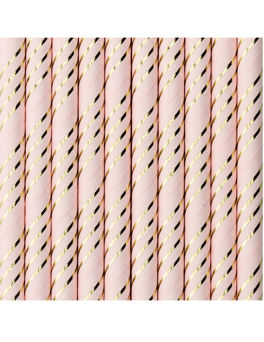 10 Pailles en carton roses rayées doré métallisé 19,5 cm