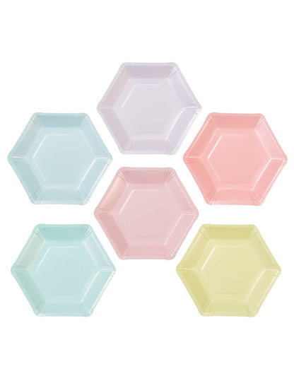 12 Petites assiettes en carton hexagonales 6 couleurs pastel 18 cm