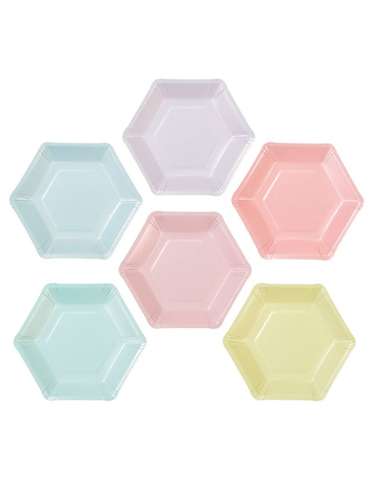 12 Petites assiettes en carton hexagonales 6 couleurs pastel 18 cm