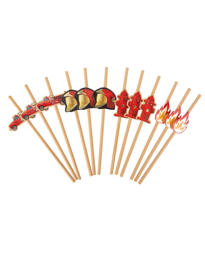 12 Pailles pompier kraft et rouges 19,5 cm