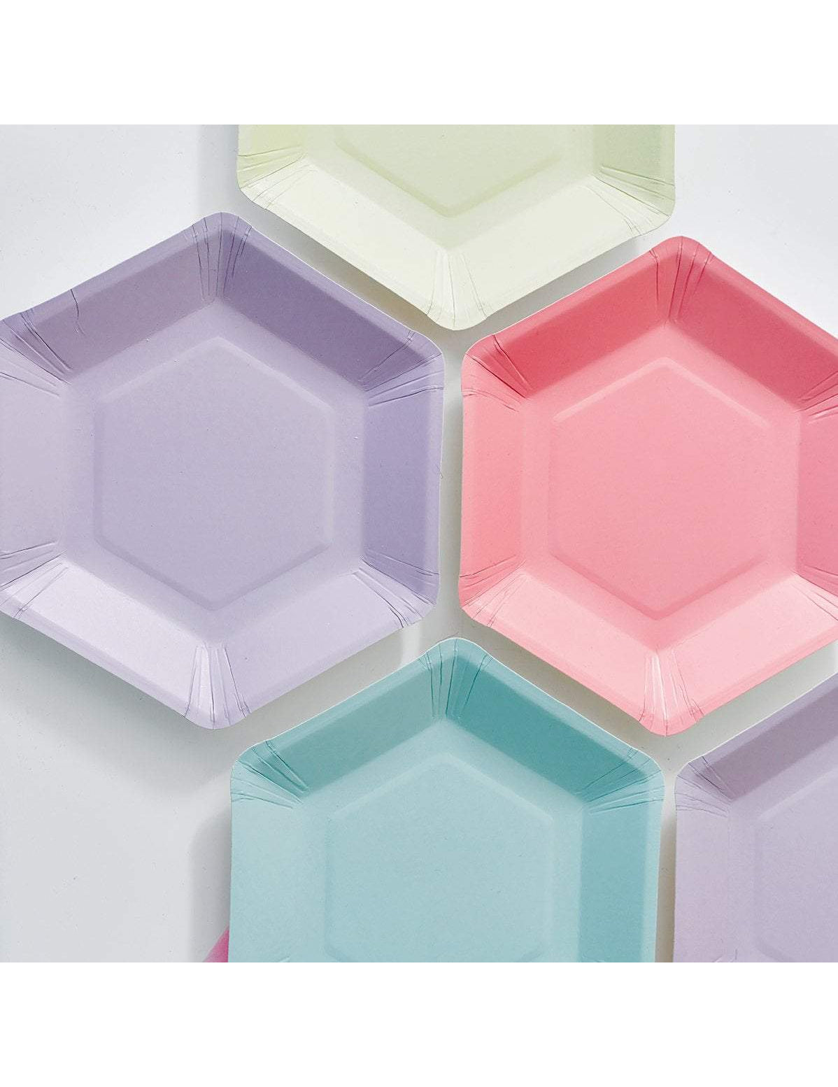 12 Petites assiettes en carton hexagonales 6 couleurs pastel 18 cm