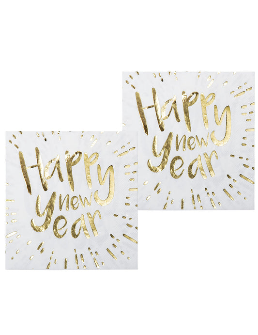 20 Serviettes en papier Happy New Year blanches et dorées 33 x 33 cm