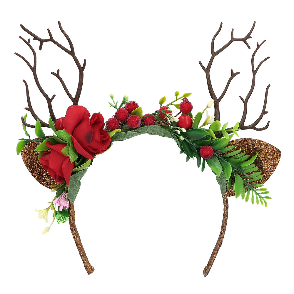 Serre-tête Cornes de Cerf Fleurs Rouges Déguisement