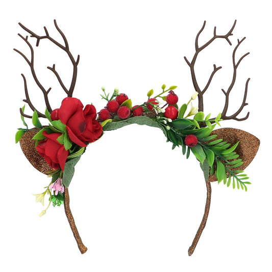 Serre-tête Cornes de Cerf Fleurs Rouges Déguisement