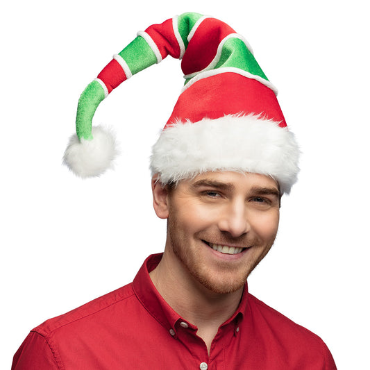 Bonnet Elfe Noël Rayé Rouge Vert Blanc avec Pompom