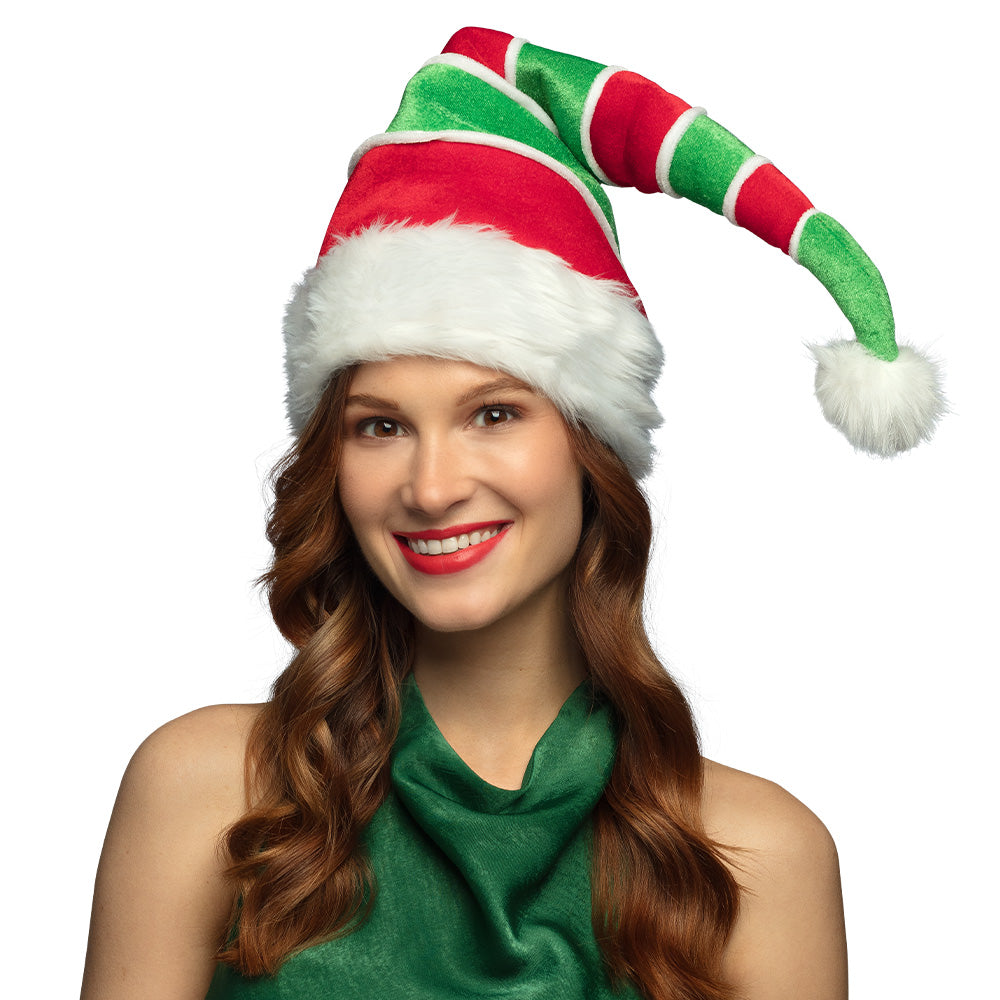 Bonnet Elfe Noël Rayé Rouge Vert Blanc avec Pompom