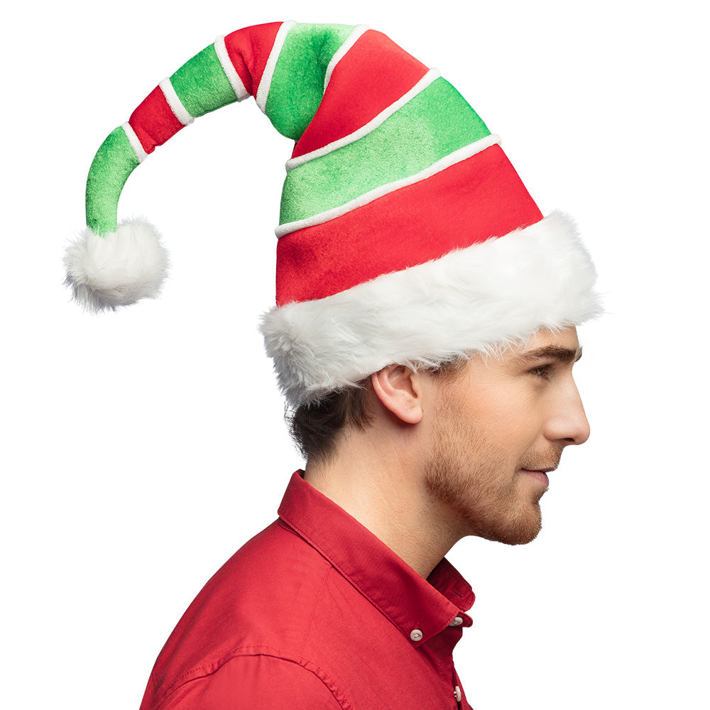Bonnet Elfe Noël Rayé Rouge Vert Blanc avec Pompom