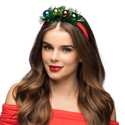 Serre-tête Noël Festif avec Boules et Tinsel Vert Rouge