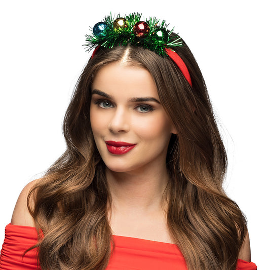 Serre-tête Noël Festif avec Boules et Tinsel Vert Rouge