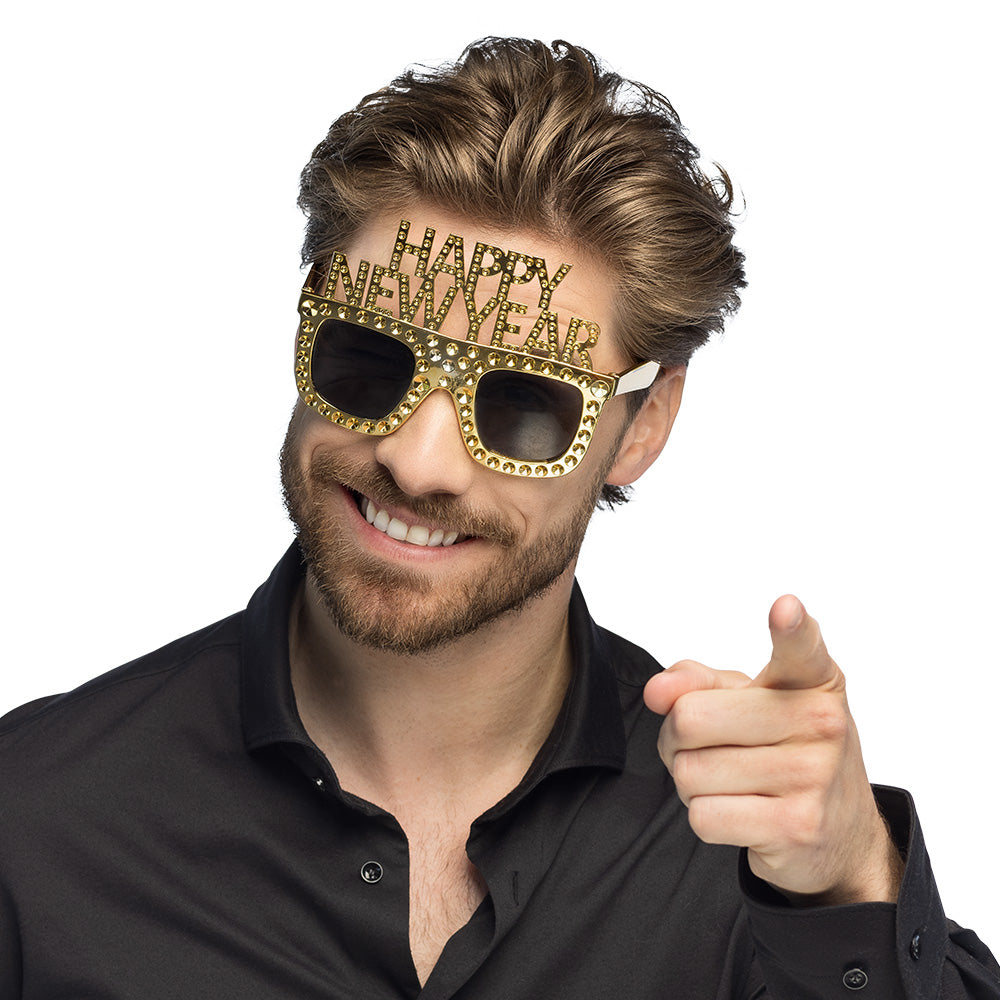 Lunettes Happy New Year Dorées à Strass - Accessoire Soirée Année Nouvelle
