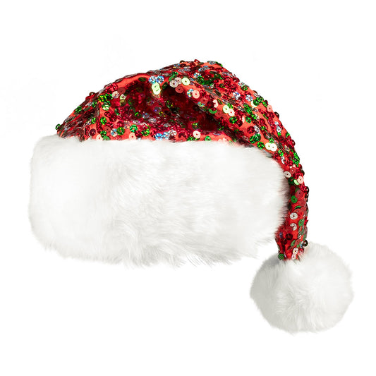 Bonnet Noël Paillettes Rouge Festif avec Pompons Blancs