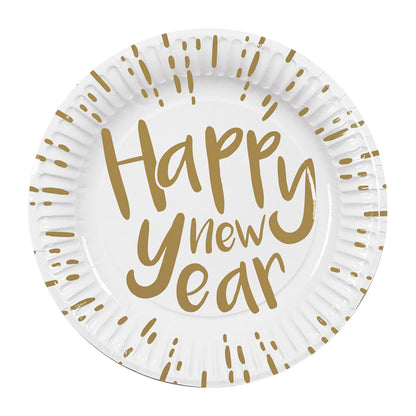 Assiettes Happy New Year Blanc et Or - Lot de 8