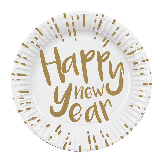 Assiettes Happy New Year Blanc et Or - Lot de 8