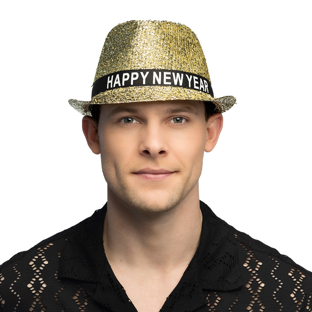 Chapeau Paillettes Dorées Happy New Year - Accessoire Nouvel An