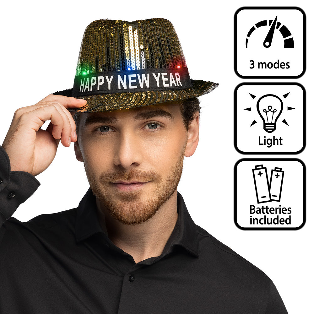 Chapeau Paillettes LED Nouvel An - Happy New Year Électrique