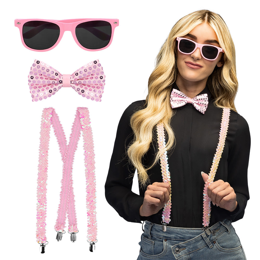Coffret Accessoires de Fête Rose Fluo : Lunettes, Nœud Pap', Bretelles Paillettes