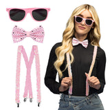Coffret Accessoires de Fête Rose Fluo : Lunettes, Nœud Pap', Bretelles Paillettes