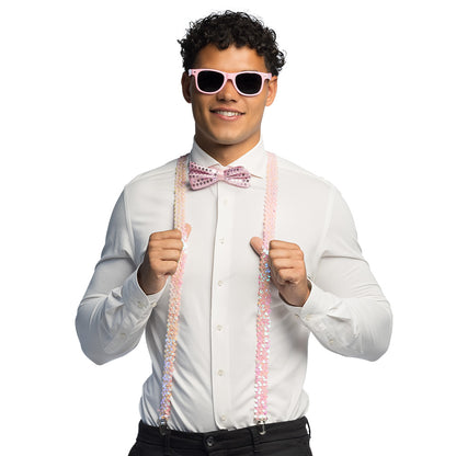 Coffret Accessoires de Fête Rose Fluo : Lunettes, Nœud Pap', Bretelles Paillettes