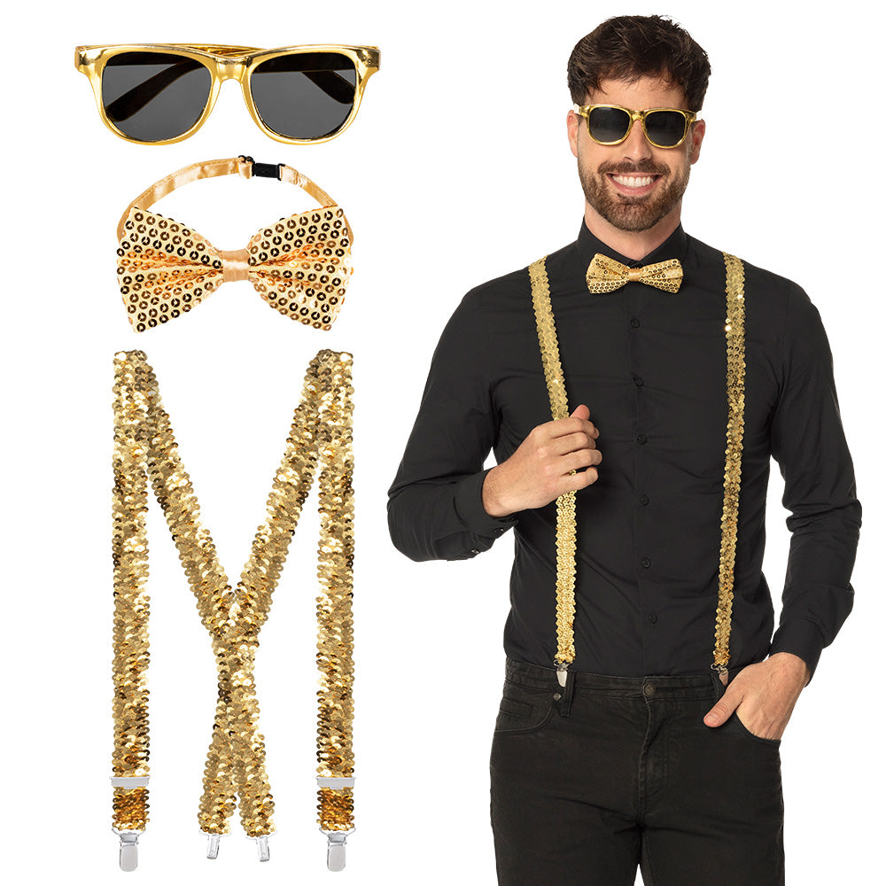 Set Luxe Or 4 Pièces - Lunettes, Nœud Pap', Bretelles Paillettes