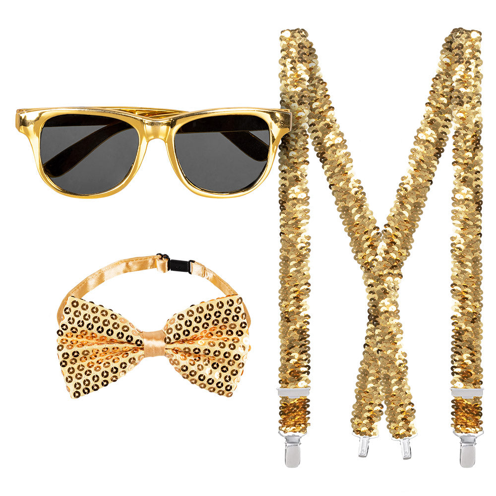 Set Luxe Or 4 Pièces - Lunettes, Nœud Pap', Bretelles Paillettes