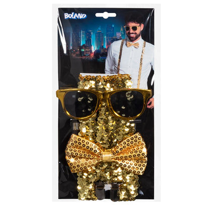 Set Luxe Or 4 Pièces - Lunettes, Nœud Pap', Bretelles Paillettes