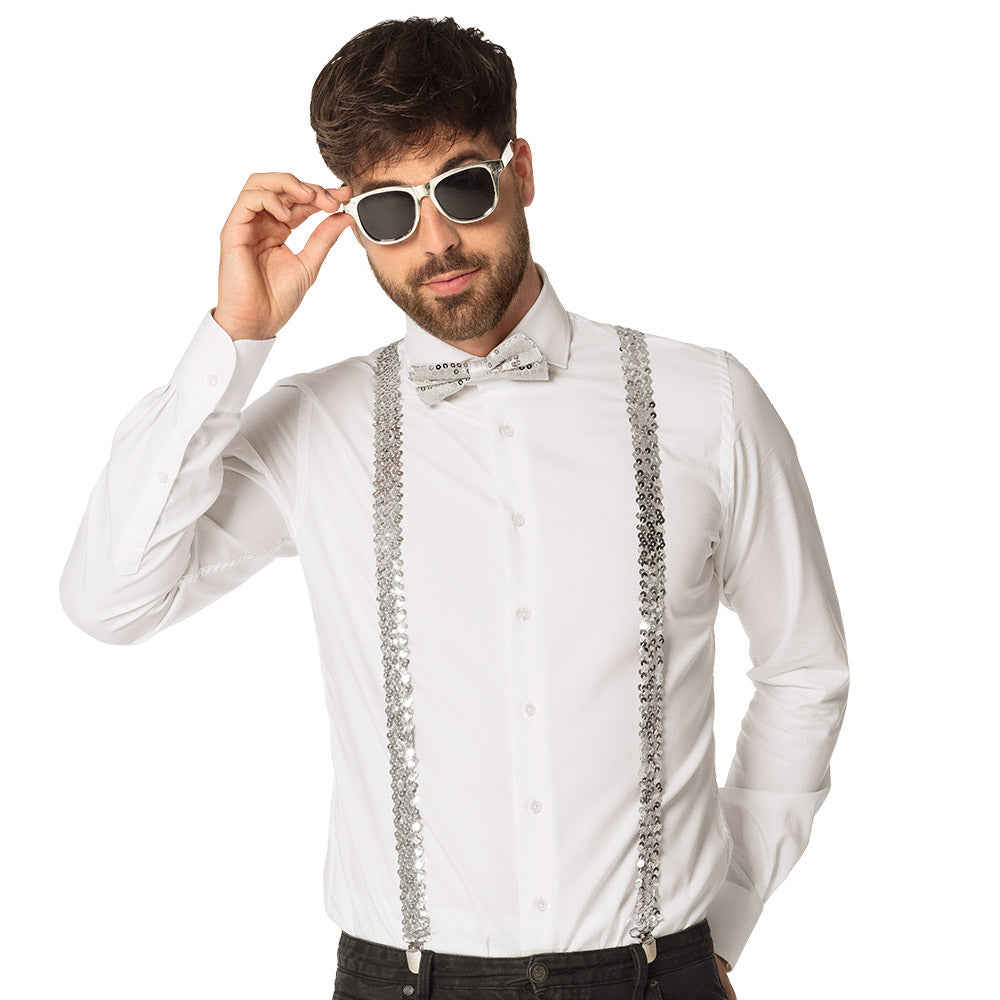 Kit Disco Paillettes Blanc - Lunettes + Nœud + Bretelles