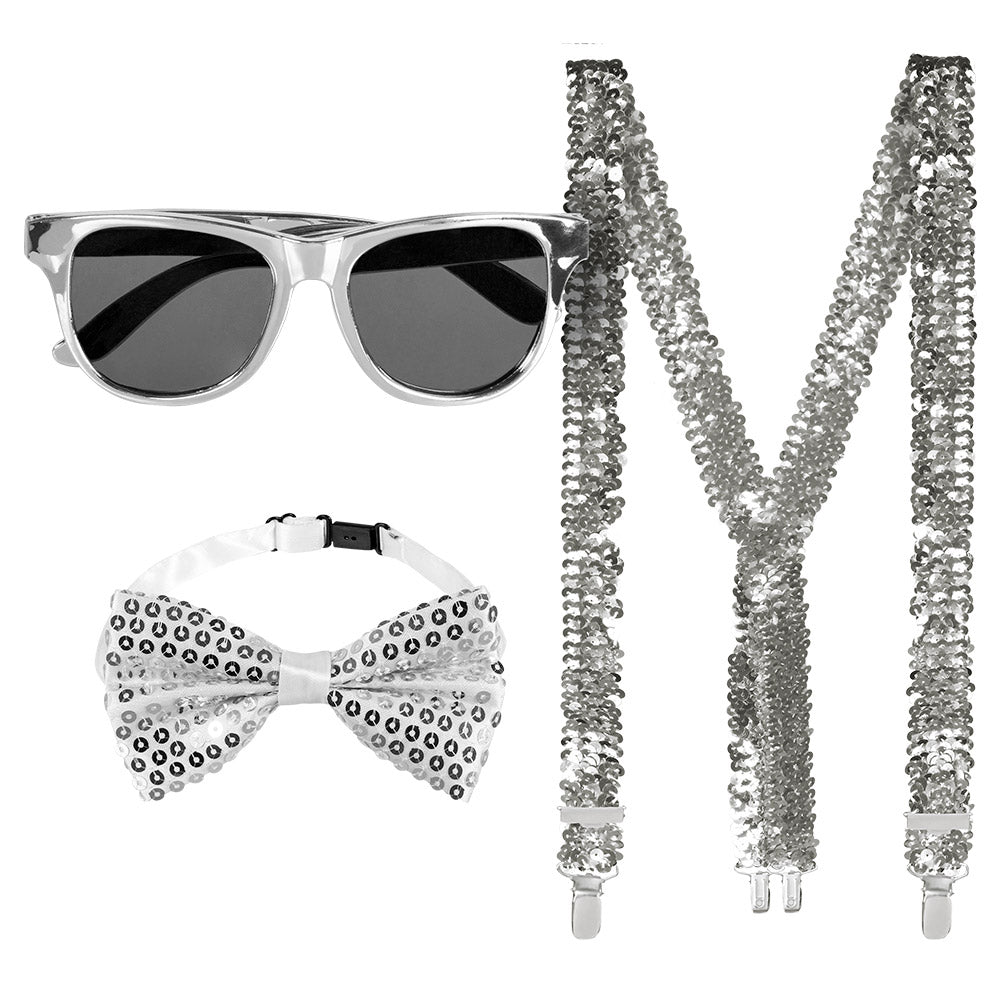 Kit Disco Paillettes Blanc - Lunettes + Nœud + Bretelles