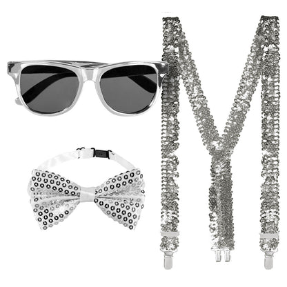 Kit Disco Paillettes Blanc - Lunettes + Nœud + Bretelles