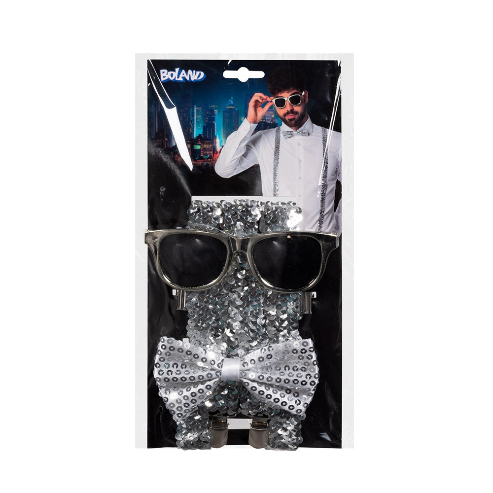 Kit Disco Paillettes Blanc - Lunettes + Nœud + Bretelles