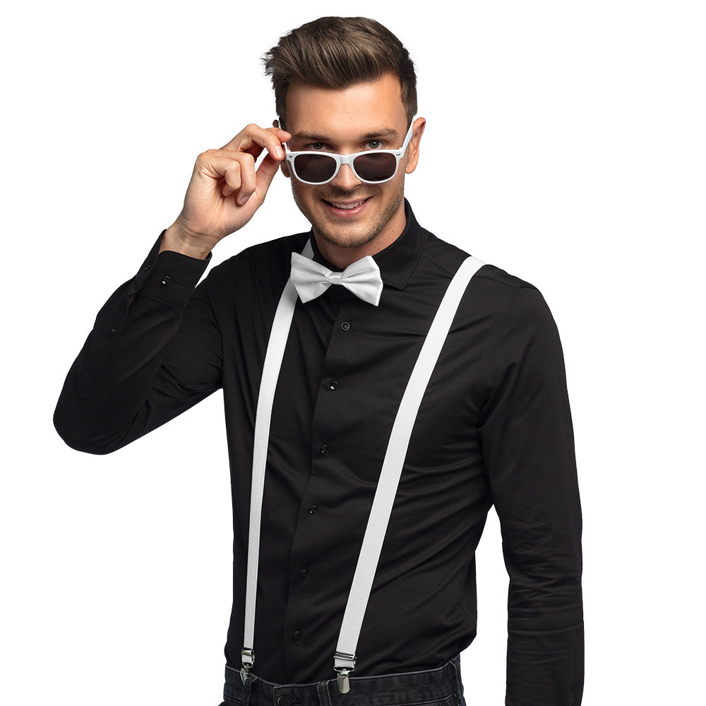 Set Complet Costume de Fête Blanc - Lunettes, Nœud Pap', Bretelles