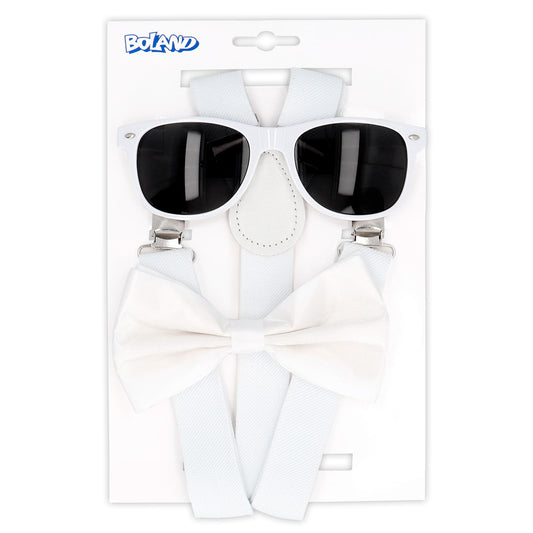 Set Complet Costume de Fête Blanc - Lunettes, Nœud Pap', Bretelles