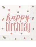 16 Serviettes en papier Happy Birthday blanches et rose gold 33 x 33 cm