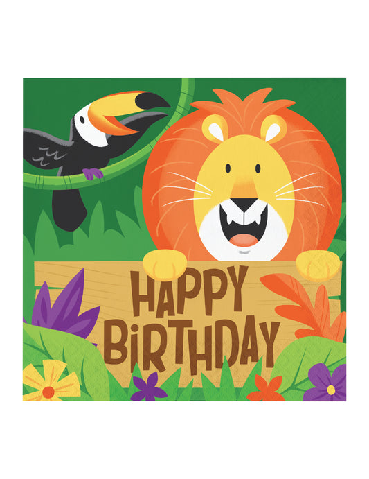 16 Serviettes en papier Happy Birthday Jungle Safari 33 x 33 cm