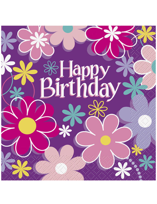 16 Serviettes en papier Happy Birthday fleurs 33 x 33 cm