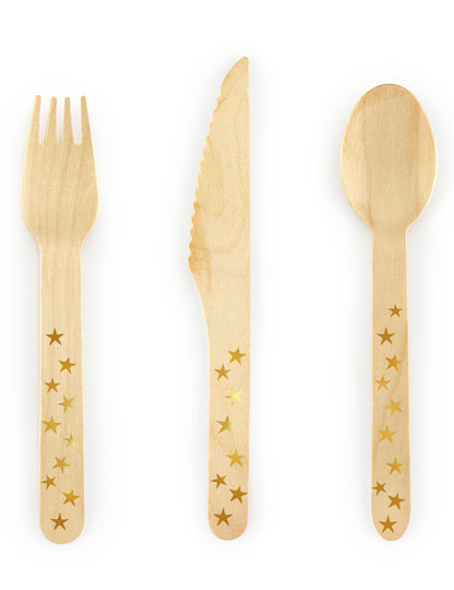 18 Couverts en bois étoiles dorées 16 cm