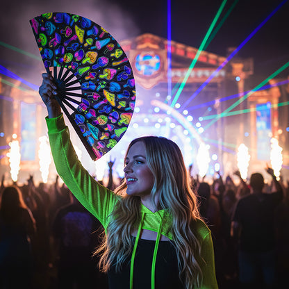 Éventail Néon Champignons UV Blacklight - Accessoire Rave XL