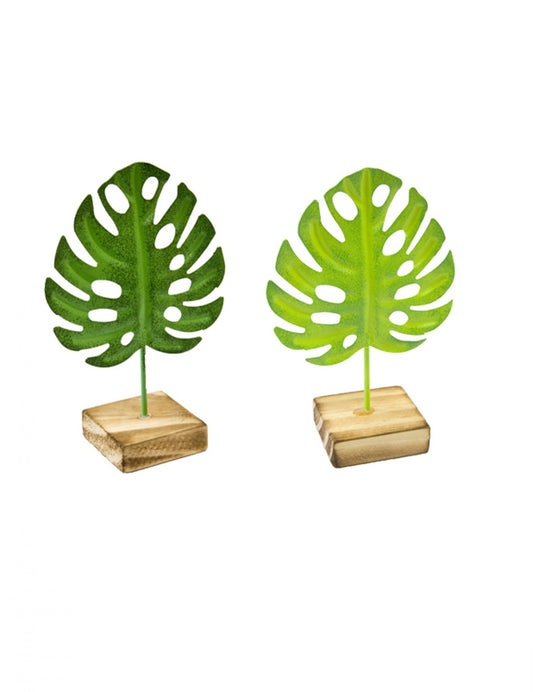 1 Feuille tropicale en métal sur socle en bois verte 15 cm