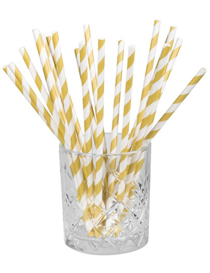 20 Pailles en carton rayées dorées 20 cm