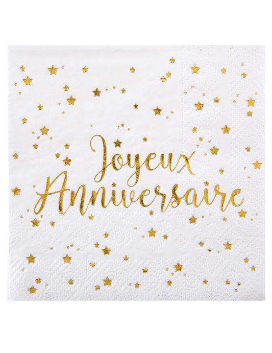 20 Petites serviettes en papier Joyeux Anniversaire métallisé blanc et doré 25 x 25 cm