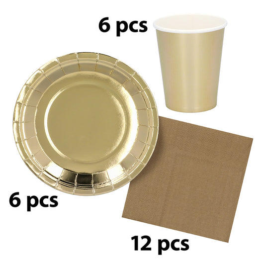 Service de Table Luxe Doré 24 pcs - Assiettes, Verres & Serviettes