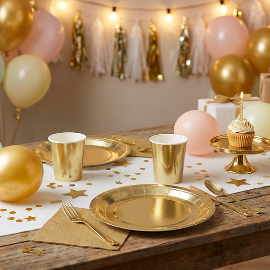 Service de Table Luxe Doré 24 pcs - Assiettes, Verres & Serviettes