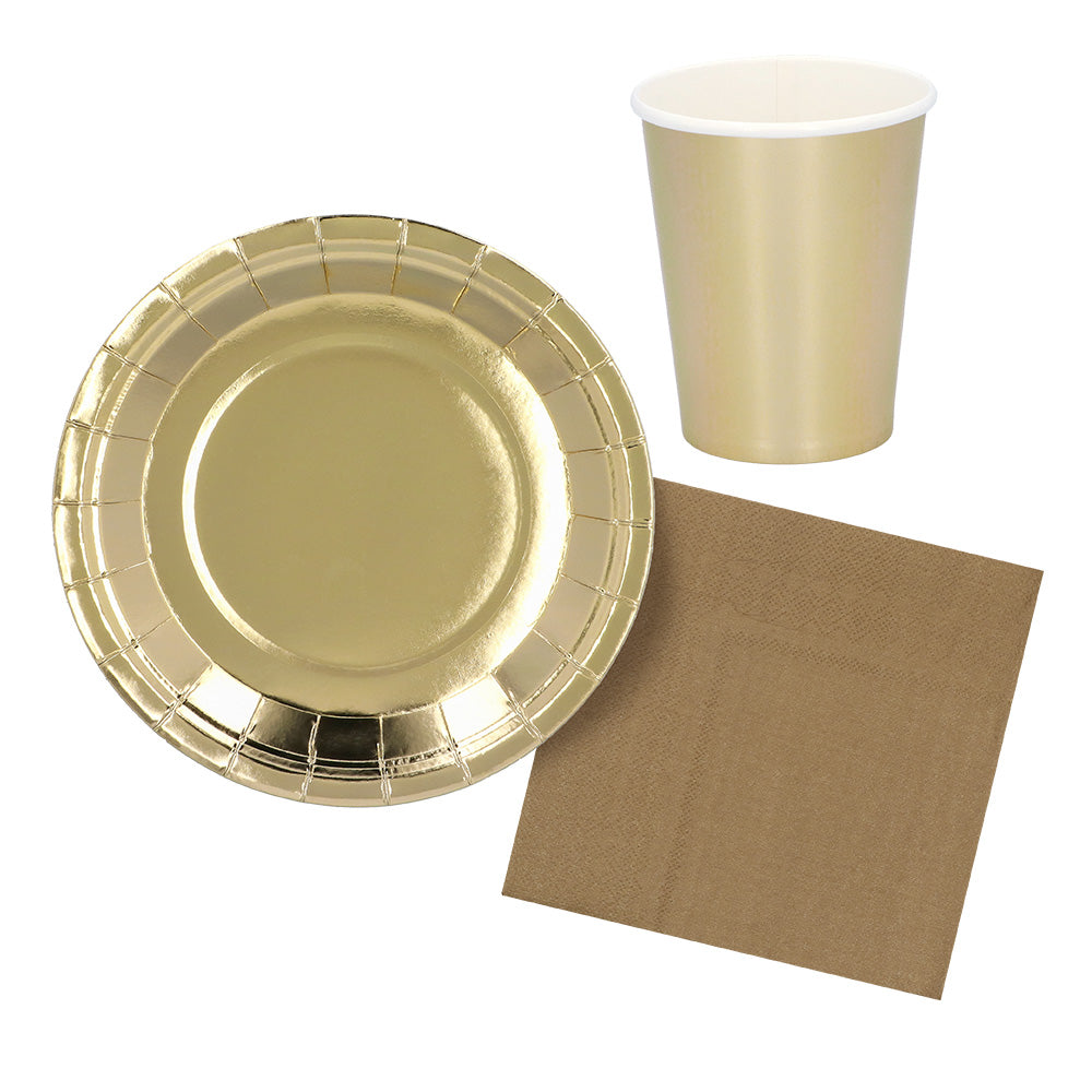 Service de Table Luxe Doré 24 pcs - Assiettes, Verres & Serviettes