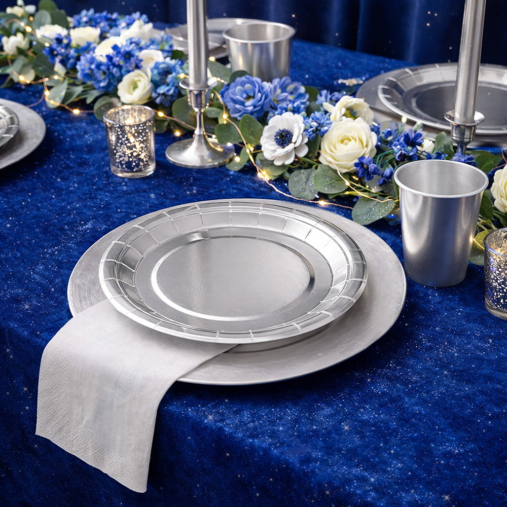 Service de Table Argenté 24 Pièces - Assiettes, Gobelets et Serviettes